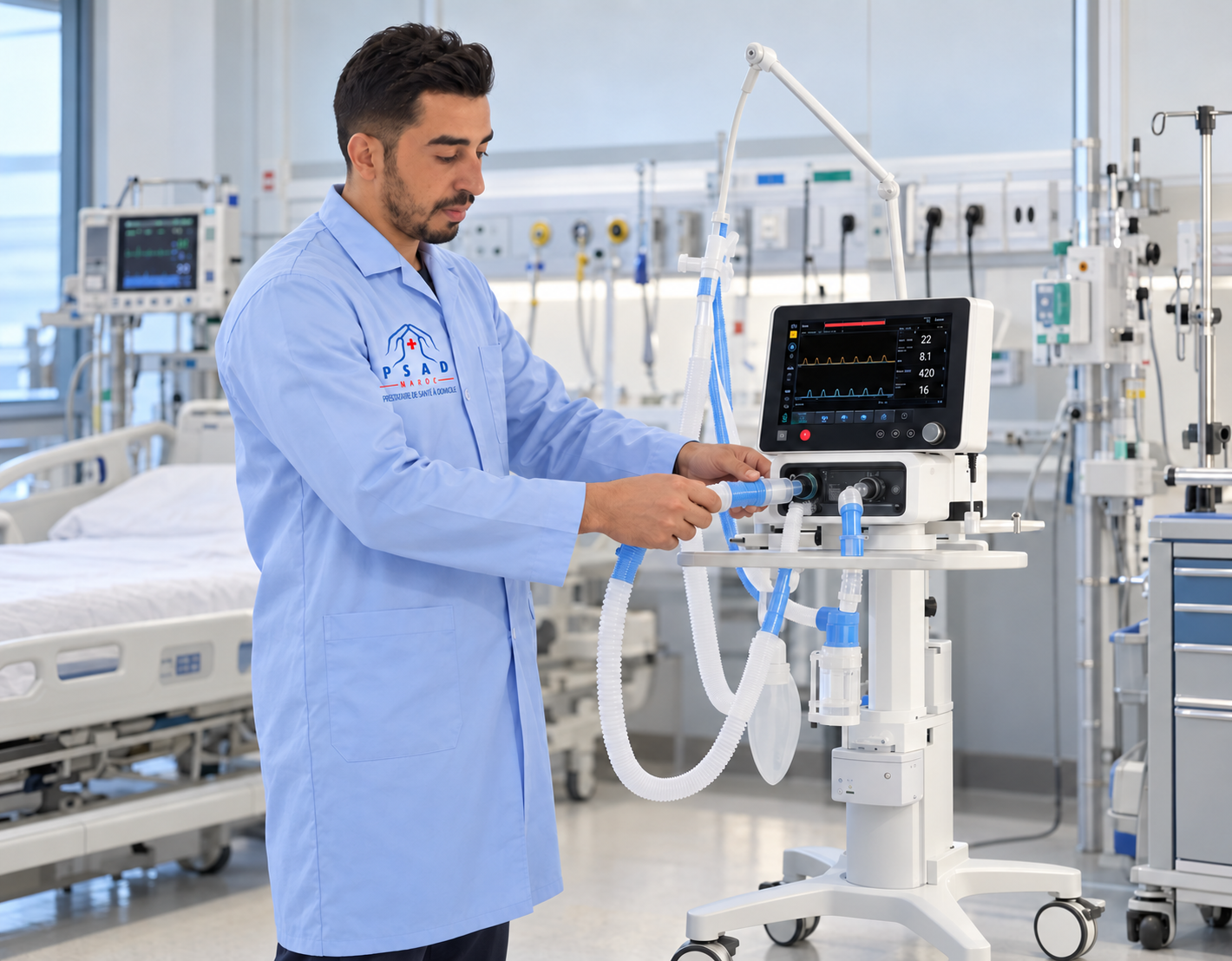 Technicien PSAD MAROC préparant le ventilateur RESVENT iHope en réanimation